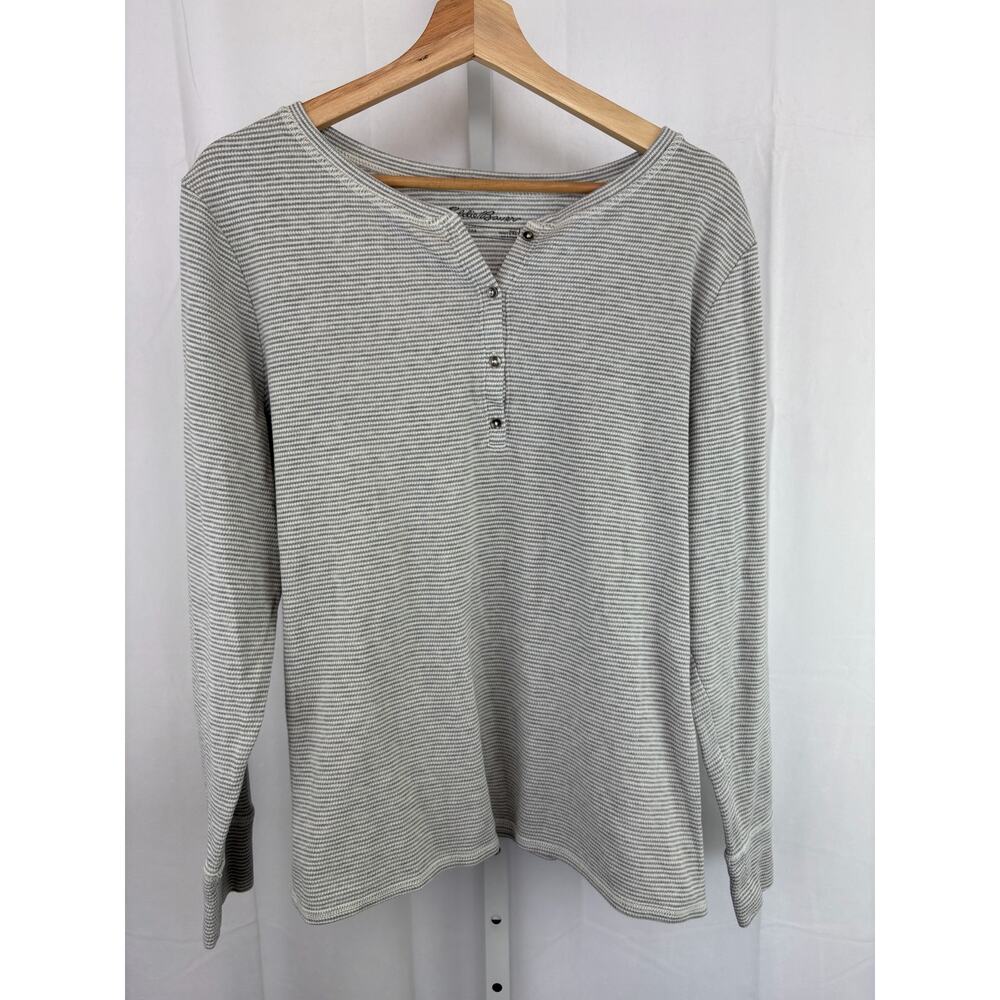 EDDIE BAUER  Size 2XL XXL Striped Thermal Henley Long Sleeve Top Pullover Gray